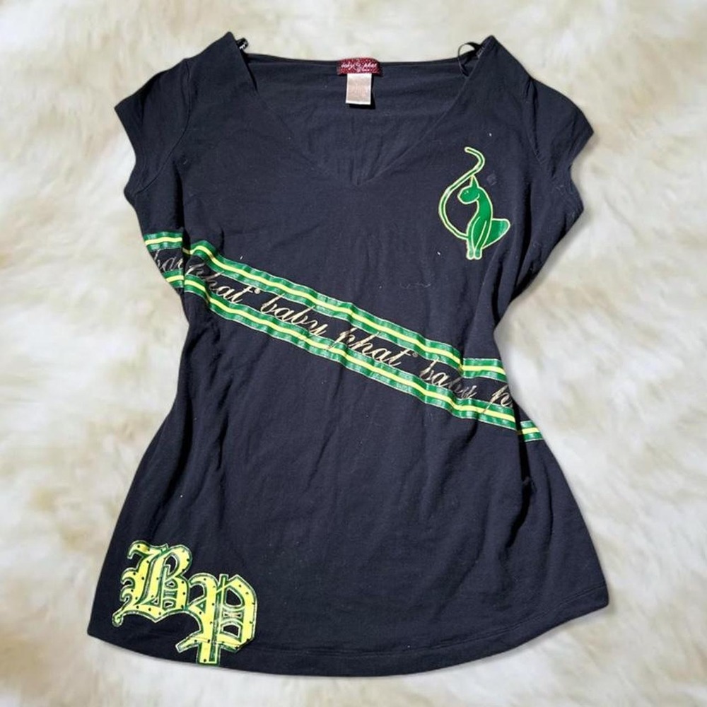 Baby Phat Vintage Black Graphic Tee Green Gold Y2K 2000s Logo Shirt 1XL 2XL